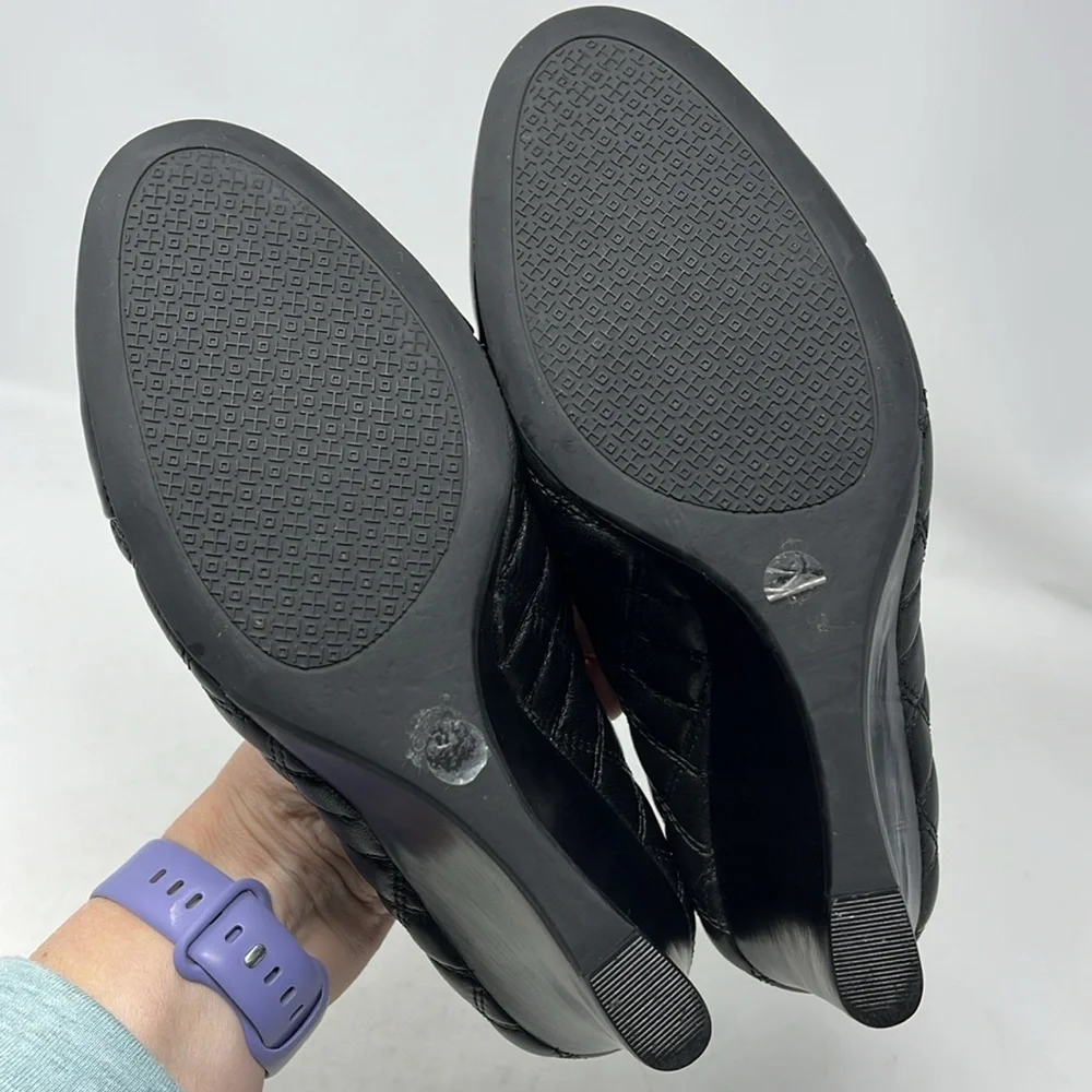 Tory Burch Black Quilted Leather Wedge Pumps